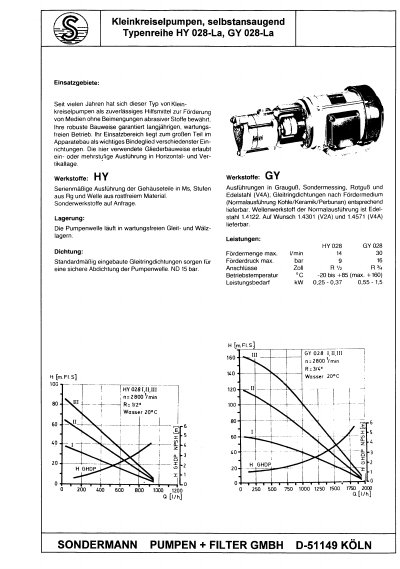Sondermann HY 028-La, GY 028-La Self-Priming Circulating Pump Data Sheet - cover page
