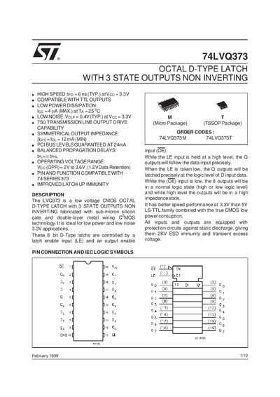 ST 74LVQ373 OCTAL D-TYPE LATCH WITH 3 STATE OUTPUTS NON INVERTING handbook - cover page