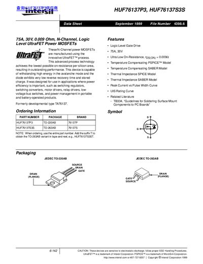 Intersil HUF76137P3/HUF76137S3S N-Channel Power MOSFET Datasheet - cover page