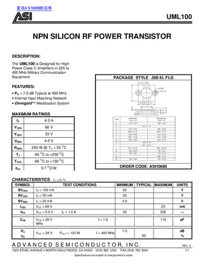 ASI UML100 NPN Silicon RF Power Transistor Datasheet - cover page