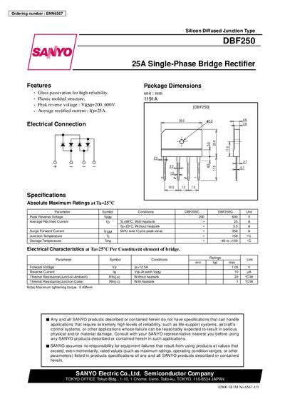 SANYO DBF250 Single-Phase Bridge Rectifier Datasheet - cover page