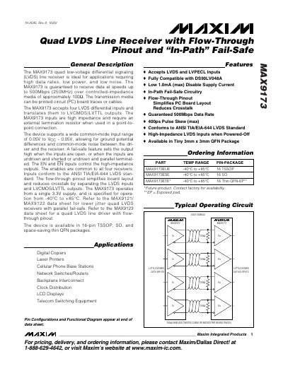 Maxim MAX9173 Quad LVDS Line Receiver with Flow-Through Pinout and In-Path Fail-Safe Datasheet - cover page