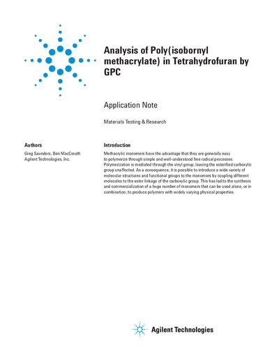 Agilent PL-GPC 50 Analysis of Poly(isobornyl methacrylate) Application Note - cover page