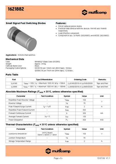 Multicomp 1621882 Small Signal Fast Switching Diodes Datasheet - cover page