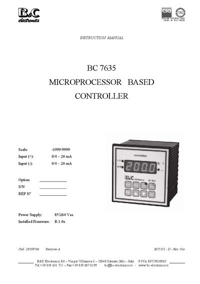 B&C Electronics BC 7635 Microprocessor Controller Instruction Manual - cover page