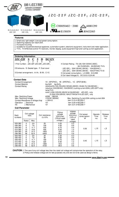 DBL JZC-22F JZC-22F2 JZC-22F3 Relay Datasheet - cover page