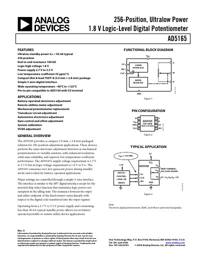 Analog Devices AD5165 Digital Potentiometer Datasheet - cover page