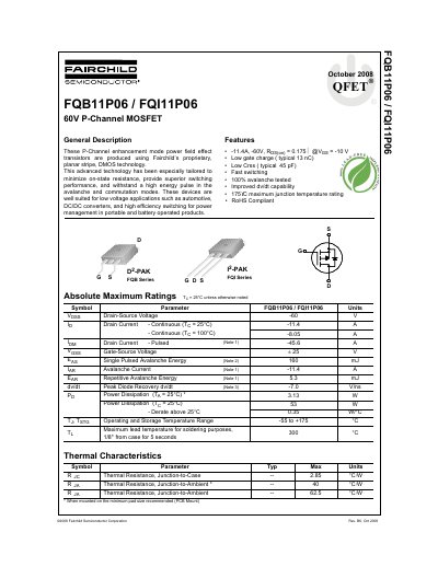 Fairchild Semiconductor FQB11P06/FQI11P06 60V P-Channel MOSFET Datasheet - cover page