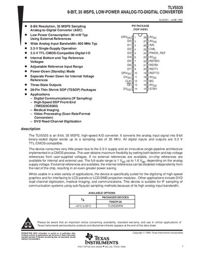 Texas Instruments TLV5535 8‑Bit 35 MSPS Low‑Power ADC Datasheet - cover page