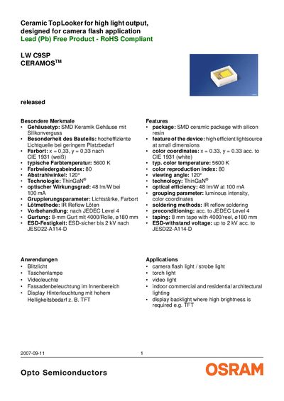 OSRAM LW C9SP Ceramic TopLooker LED Datasheet - cover page