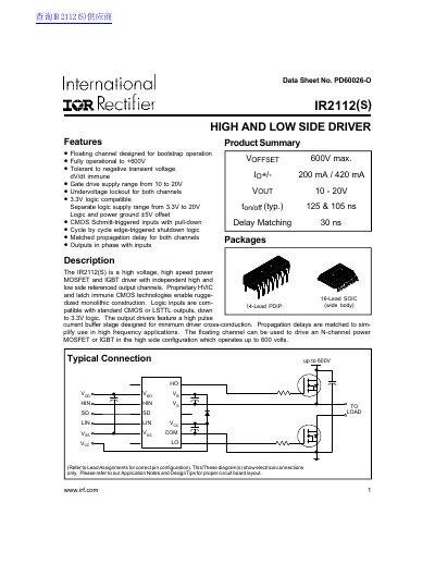 International Rectifier IR2112(S) High and Low Side Driver Data Sheet - cover page