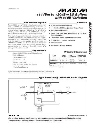 Maxim MAX9989/MAX9990 LO Buffer Datasheet - cover page