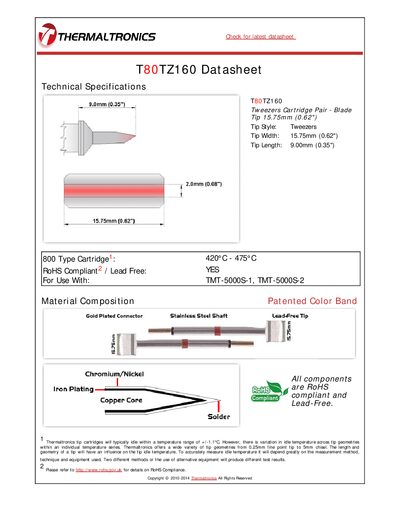Thermaltronics T80TZ160 Tweezers Cartridge Pair Datasheet
