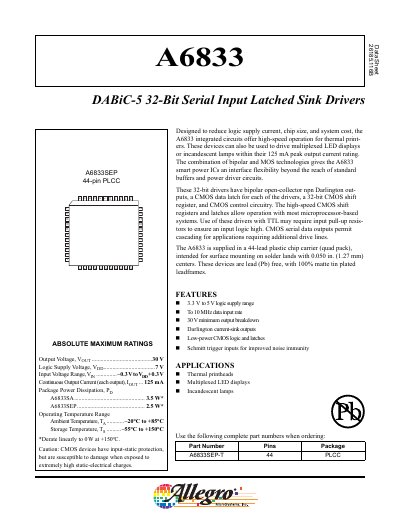 ALLEGRO MICROSYSTEMS A6833 DABiC-5 32-Bit Serial Input Latched Sink Drivers handbook - cover page