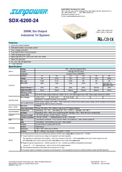 SunPower SDX-6200-24 Power Supply Specification Sheet - cover page
