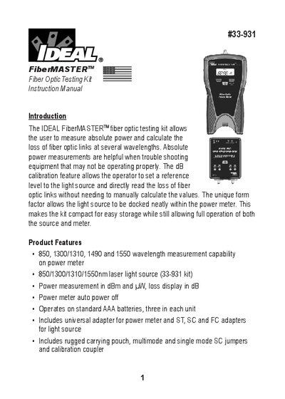 IDEAL FiberMASTER 33-931 Fiber Optic Testing Kit User Manual - cover page