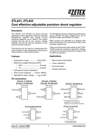 Zetex ZTL431 ZTL432 Adjustable Shunt Regulator Datasheet - cover page