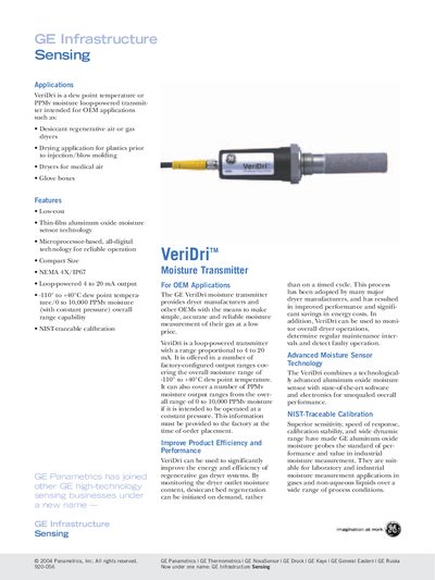 GE VeriDri Moisture Transmitter Product Leaflet - cover page