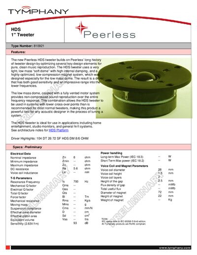 Tymphany 810921 Tweeter Datasheet - cover page