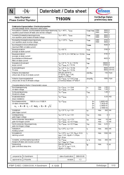 Infineon T1930N IFBIP D AEC Phase Control Thyristor Datasheet - cover page