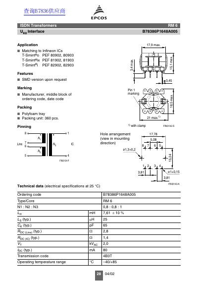 EPCOS B78386P1648A005 ISDN Transformer Datasheet - cover page