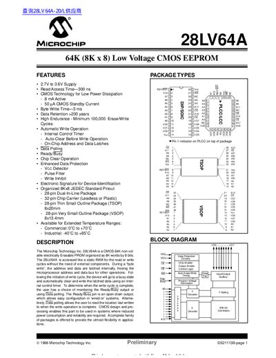 Microchip 28LV64A EEPROM Datasheet - cover page