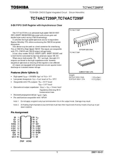Toshiba TC74ACT299P/F Datasheet - cover page