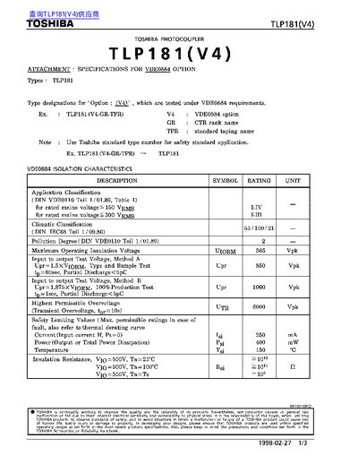 Toshiba TLP181(V4) Photocoupler Datasheet - cover page