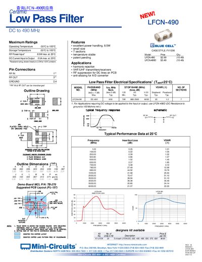 Mini-Circuits LFCN-490 Low Pass Filter Datasheet - cover page
