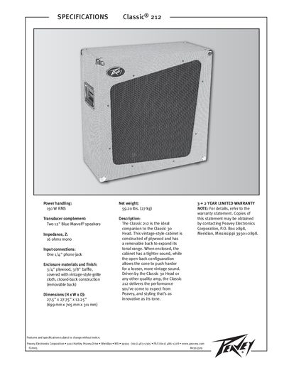 Peavey Classic 212 Speaker Cabinet Product Leaflet - cover page