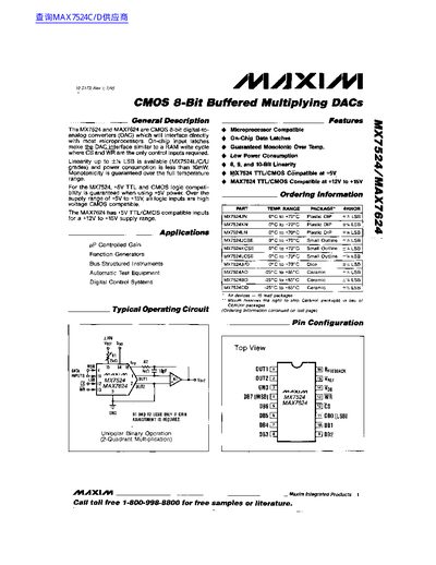 Maxim MX7524/MAX7624 CMOS 8-Bit Buffered Multiplying DACs Datasheet - cover page