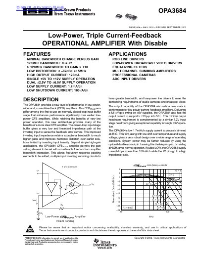 Texas Instruments OPA3684 Low-Power Triple Current-Feedback Operational Amplifier Datasheet - cover page