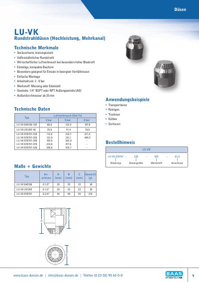 Baas LU-VK Nozzle Technical Data Sheet - cover page