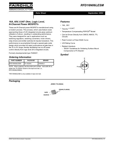 Fairchild RFD16N06LESM N-Channel Power MOSFET Data Sheet - cover page