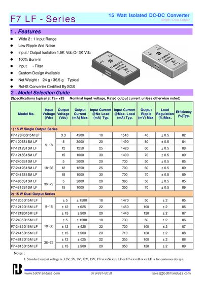 Bothhand F7 LF Series 15 Watt Isolated DC-DC Converter Single/Dual Output Datasheet - cover page