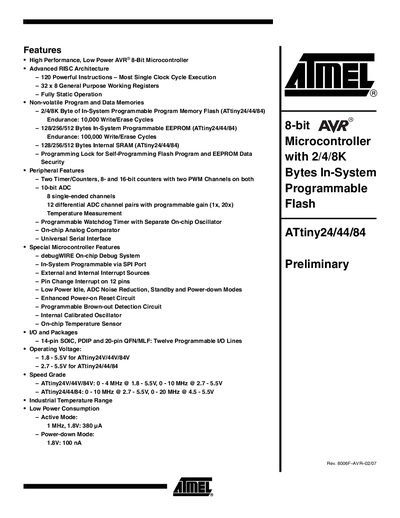 Atmel ATtiny24/44/84 Microcontroller Preliminary Manual