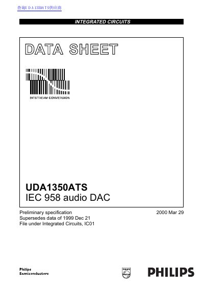 Philips UDA1350ATS IEC 958 Audio DAC Datasheet - cover page