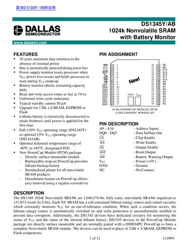 Dallas Semiconductor DS1345Y/AB Nonvolatile SRAM Datasheet - cover page