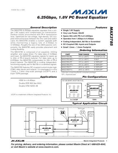 Maxim MAX3785 6.25Gbps 1.8V PC Board Equalizer Datasheet