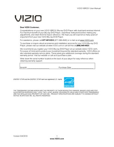 VIZIO VBR231 Blu-ray DVD Player User Manual - cover page
