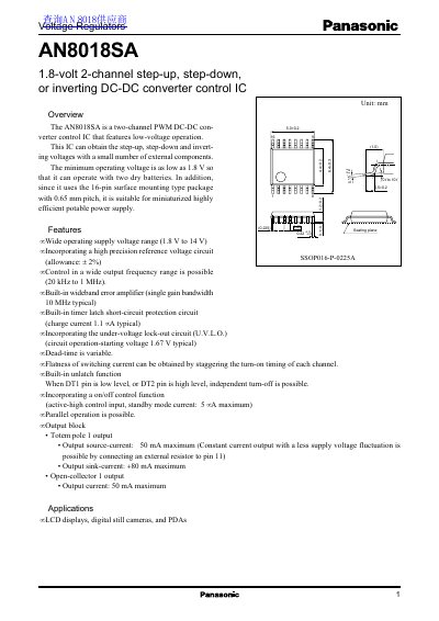 Panasonic AN8018SA DC-DC Converter Control IC Datasheet - cover page