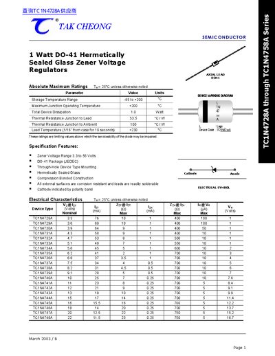 1TAK CHEONG Watt DO-41 Hermetically Sealed Glass Zener Voltage Regulators - cover page
