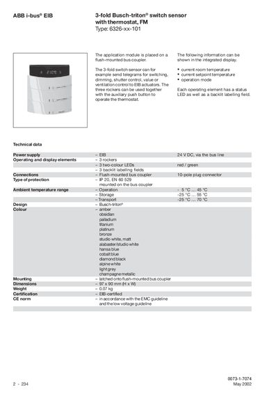 ABB 6326-xx-101 3-fold Busch-triton Switch Sensor with Thermostat User Manual
