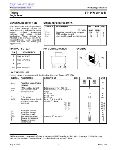 Philips BT134W Series D Logic Level Triac Product Specification