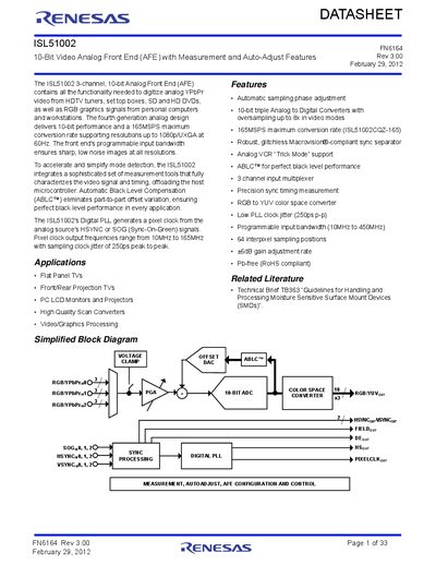 Intersil ISL51002 10-Bit Video Analog Front End Datasheet - cover page