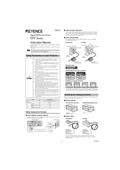 Keyence GV Series Digital CMOS Laser Sensor Instruction Manual - cover page