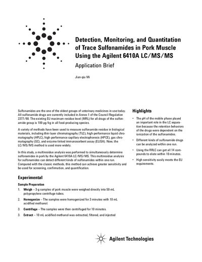 Agilent 6410A LC/MS/MS Application Brief for Sulfonamide Analysis - cover page