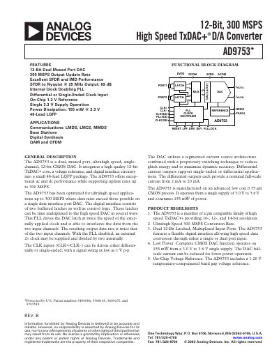 Analog Devices AD9753 12‑Bit High Speed TxDAC+ Data Sheet - cover page