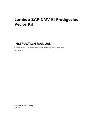 Agilent Lambda ZAP-CMV RI Predigested Vector Kit Instruction Manual - cover page