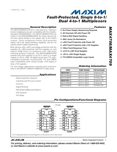 Maxim Integrated MAX4708/MAX4709 Fault‑Protected Multiplexer Data Sheet - cover page